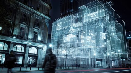 Wall Mural - A conceptual photograph of a city building at night overlaid with a digital projection of the UK microchip map