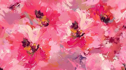 Wall Mural - A seamless pattern displays abstract painting pink flowers in an impressionism style with brush strokes of paint and a color texture representing modern and contemporary art