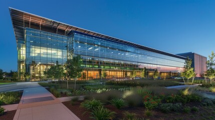 Wall Mural - A modern office building with a glass facade is surrounded by manicured grounds, illuminated by the setting sun