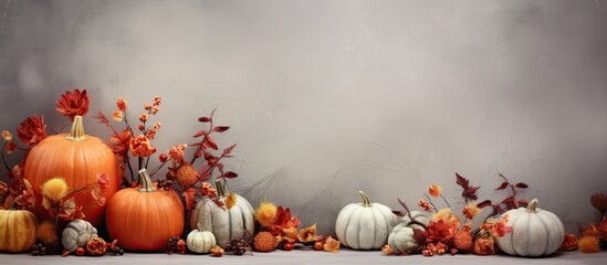 Wall Mural - Thanksgiving or harvest flatlay with pumpkins on grey textile background Autumn fall concept Holiday decor. copy space available