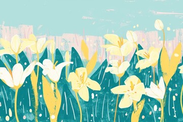 Poster - Cute lily field illustration painting daffodil blossom.