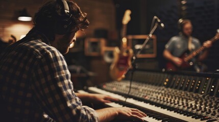 Wall Mural - A musician plays the keyboard during a recording session in a professional studio