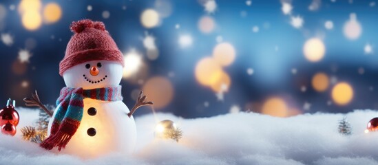 Aufkleber - Snowman toy and Christmas balls on snow against blurred festive lights Space for text. copy space available