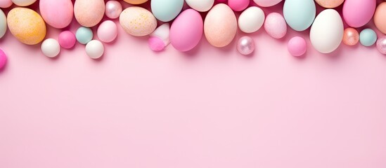 Wall Mural - Top view of a light pink background with a white frame adorned with colorful Easter eggs and sweet candy Perfect for Easter greeting cards. copy space available