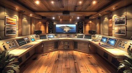 Wall Mural - An interior view of a modern control room featuring wooden paneling, multiple computer monitors, and a central workstation