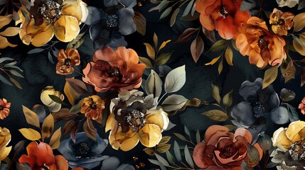 Wall Mural - A watercolor textured abstract autumn flowers seamless pattern in dark colors is presented offering a floral design background with an artistic touch