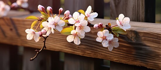 Aufkleber - Spring flowering branch on wooden background plum blossoms delicate branch of flowering plum on a wooden fence in the light and shadow. copy space available