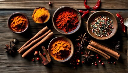 Wall Mural - Overhead view of an assortment of spices spread out on an aged wooden table, AI Generated