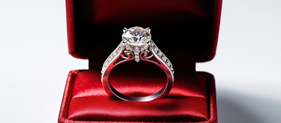 Aufkleber - Shiny beautiful engagement ring with big gem diamond in rich red velvet box isolated on white background Copy space front top view background