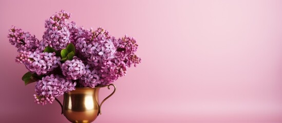 Wall Mural - on a pink background a bronze vase in the form of a cone and in it a bouquet of lilac. copy space available