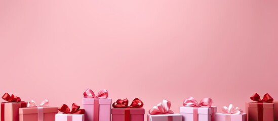 Poster - Red gift boxes on pink background empty copy space valentine s backdrop mother s day wallpaper Presents birthday gifts