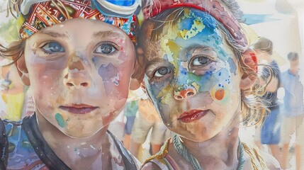 Wall Mural - Children with face paint at a carnival, watercolor, soft colors, detailed, whimsical,