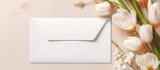 Poster - spring composition Wedding invitation design a bouquet of flowers and an envelope congratulation invitation. copy space available