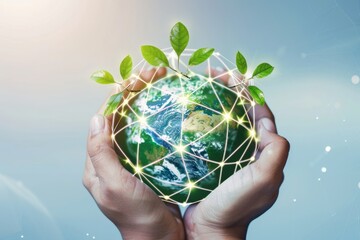 Wall Mural - global sustainability concept - hands holding globe with green leaves and soft blue sky background