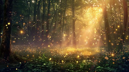 Peaceful forest with digital fireflies, fantasy, cool tones, digital illustration, magical ambiance