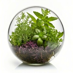 Sticker - glass sphere with green plants and herbs isolated on white