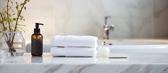 Aufkleber - The marble counter in this close up view is adorned with bathroom accessories white towels and a copy space image