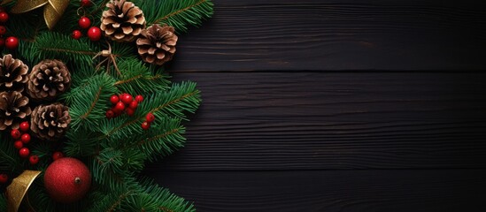 Aufkleber - Top view of a festive arrangement featuring a Christmas pinecone vibrant holly branches and a green wooden backdrop The image provides a flat view with ample copy space
