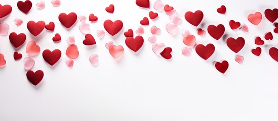 Aufkleber - Red hearts of different sizes on white background Harvesting cards for Valentines Day Place for text copy space