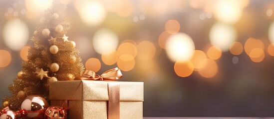 Aufkleber - Closeup christmas tree decorated with gift box and blur shiny golden bokeh background with copy space