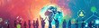 © Khritthithat - Diverse group of people holding hands around a digital globe with holographic social impact icons, surrounded by green energy symbols, Pop Art, Digital Illustration.