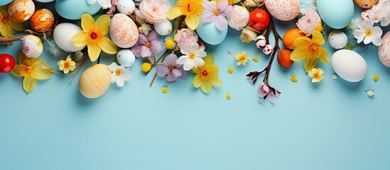 Wall Mural - Colorful Easter eggs and spring flowers on light blue background flat lay Space for text. copy space available