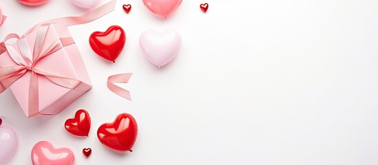 Poster - Composition Valentine s Day Gift scarf and heart air balloon on a white background Banner Flat lay top view. copy space available