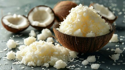 Freshly grated coconut in half-shells and sprinkled on a rustic surface, evoking tropical vibes.