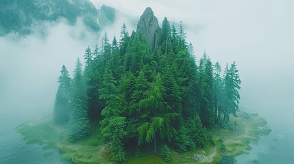 Poster - A forest island with a foggy sky