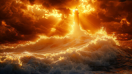 Canvas Print - A lighthouse is seen in the middle of a stormy sea