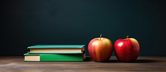 Poster - Three books with different colored covers lie on a wooden surface in front of a blackboard with an apple concept for education and school with place for text or other elements. copy space available