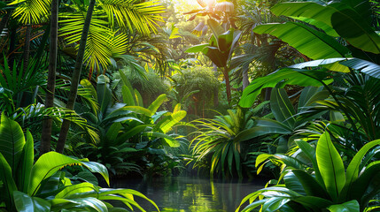 Wall Mural - A lush jungle with a river running through it