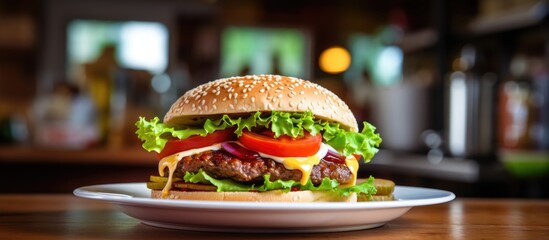 Wall Mural - Image of burger on white plate wood background. copy space available