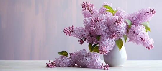 Poster - A huge bouquet of lilacs in a large vase isolated on a light gray background Still life with flowers plenty of space for text. copy space available