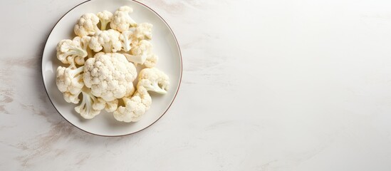 Plate with cut fresh raw cauliflower on light grey table top view Space for text. copy space available