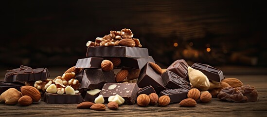 Wall Mural - Homemade chocolate Pieces nuts on wooden table copy space