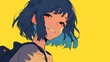 © Helfin - close up portrait of short haired school girl with bag on yellow
