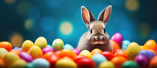 Aufkleber - Colorful Easter themed composition with a charming bunny and eggs set against a vibrant background creating an appealing copy space image