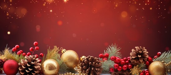 Aufkleber - Christmas background Christmas boarder with fir tree branch with cones and ornament Christmas baubles in golden and red colour Close up with copy space and sample text Winter holidays concept
