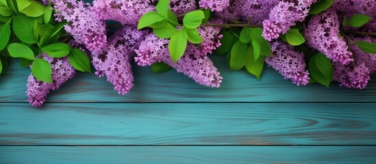 Poster - Branches of blossoming lilac on green wooden background diagonal arrangement copy space
