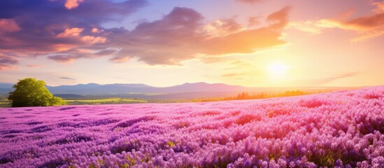 Hi spring Enjoy the breathtaking view of lavender flowers bathed in sunlight exhibiting their delicate lilac petals Experience the beauty of nature with this captivating panoramic landscape Welcome t