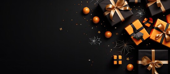 Poster - A Halloween promotional banner design featuring flat lay gift boxes orange pumpkins spiders and confetti on a dark black background The top view offers ample copy space
