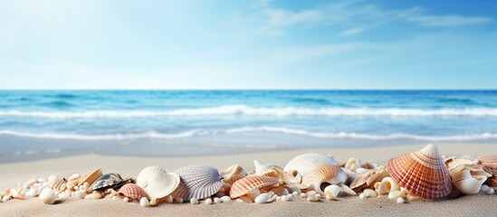 Wall Mural - Marine summer postcard Seashells on blue wooden boards in the sand on the beach. copy space available
