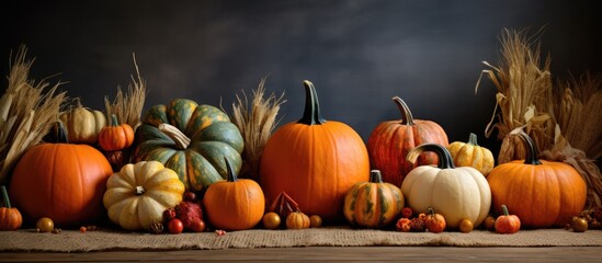 Wall Mural - Different Colorful Pumpkins on Straw Autumn Thanksgiving and Halloween Background. copy space available