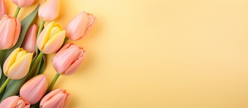 Tender yellow tulips on pastel peach background Greeting card for Mother s day Flat lay Place for text. copy space available