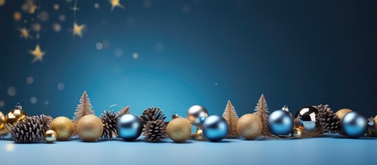 Poster - The blue background with Christmas decor features garland new year tree balls and lights providing a visually appealing copy space image