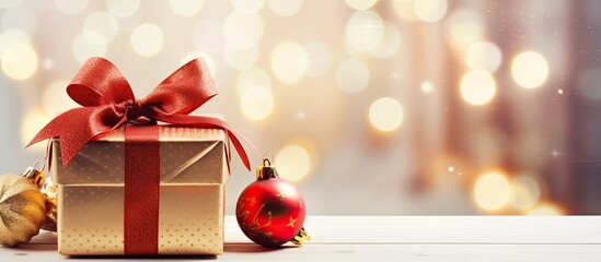 Poster - Brown and red vintage gift box and ornament on white wood background with copy space Christmas new year valentine s day and anniversary greeting card background