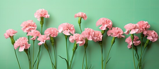 Poster - carnation flowers on green paper background. copy space available