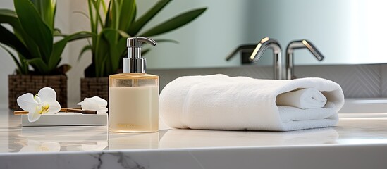 Aufkleber - The marble counter in this close up view is adorned with bathroom accessories white towels and a copy space image