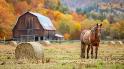 Horse in field in a farm with farm house in Autumn with colorful foliage